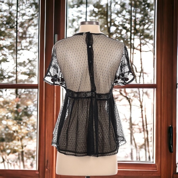 Zara Basic Collection Embroidered Floral Blouse Black Sheer XS - Picture 4 of 13